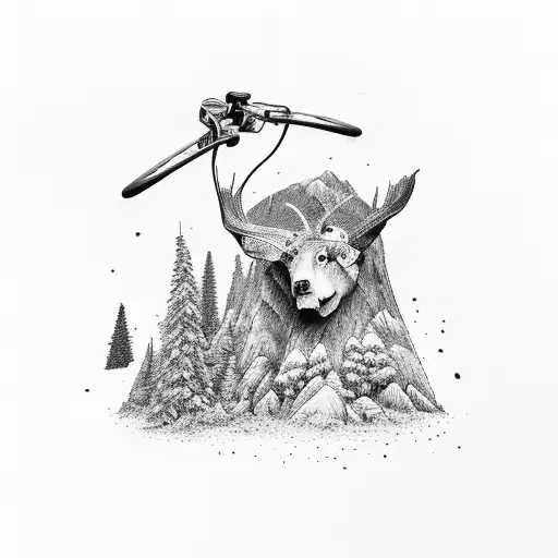 Design a realistic black and grey tattoo depicting a mountain biker surrounded by a forest tattoo design idea