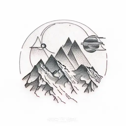 nature tattoo, mountains, sky, space, realism style, black and white tattoo design idea