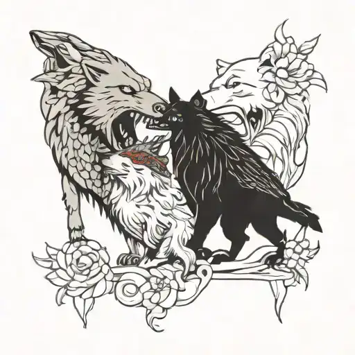 crow wolf bear head eating each other  tattoo design idea