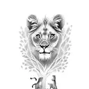 a lioness with two lion cubs and the tree of life tattoo design idea
