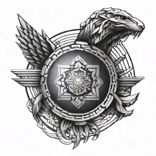 half circle with 3d geometric shapes on pectoral muscle and arm tattoo design idea