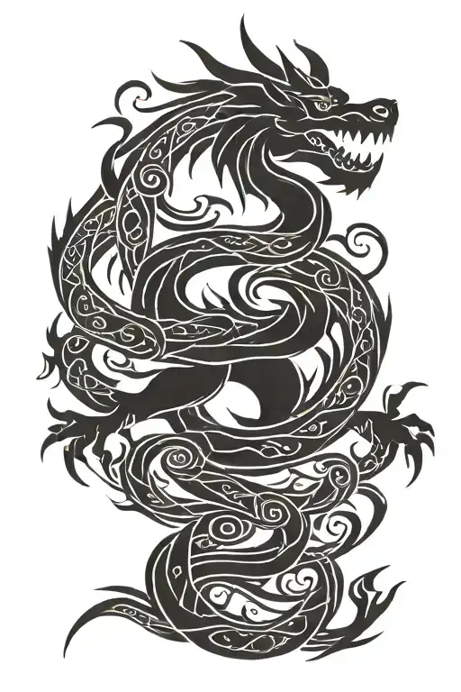 The dragon was protected by the seal of fire, water, earth, air, darkness, light, reflection, shadow, space, time, matter and energy tattoo design idea