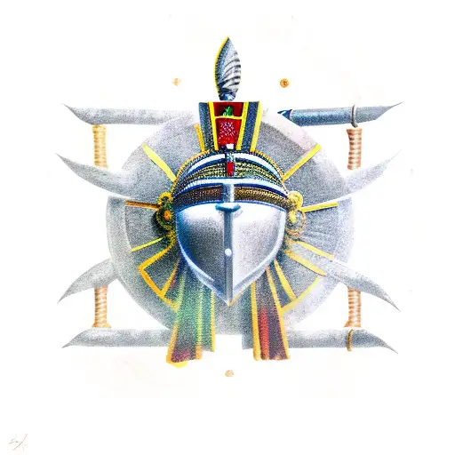 horus' eye, spear, roman helmet tattoo design idea