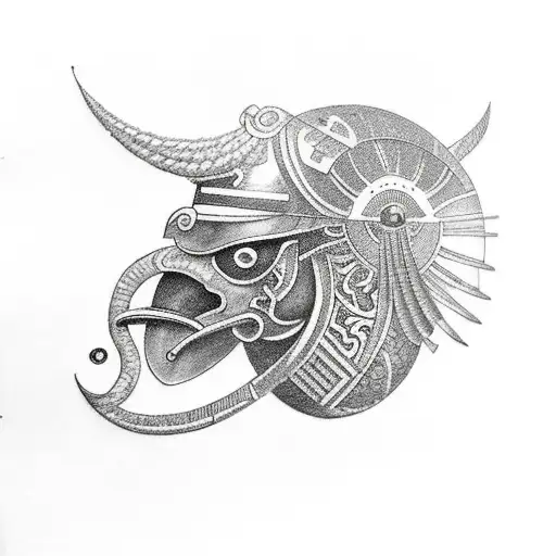 horus' eye, roman helmet, spear tattoo design idea