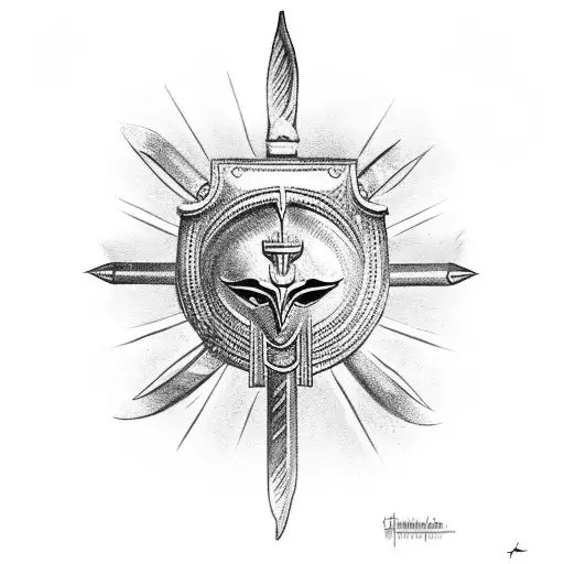 horus' eye, spear, roman helmet tattoo design idea