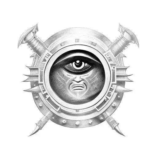 horus' eye inside a roman helmet with a greek spear in the back tattoo design idea