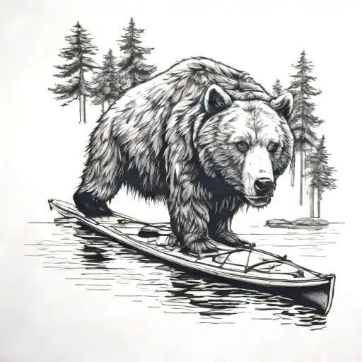 forest, kamping, kayak floating, bear head tattoo design idea