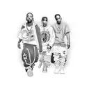 hip hop themed arm sleeve tattoo including Kanye, jay z, Kendrick and Travis Scott  tattoo design idea