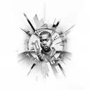 hip hop themed arm sleeve tattoo including Kanye, jay z, Kendrick and Travis Scott  tattoo design idea