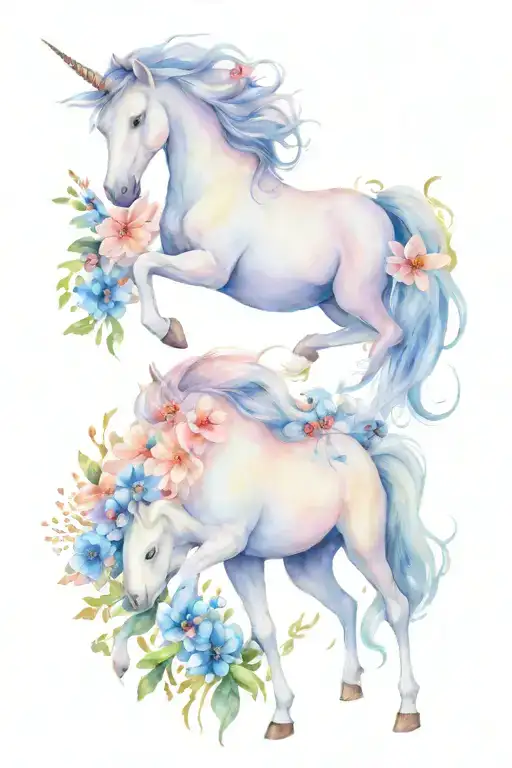 flowers and unicorns roaming tattoo design idea