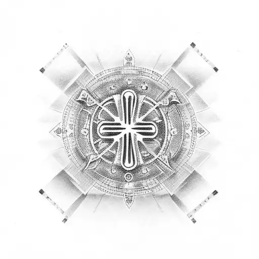 A dotwork cross adorned with intricate music notes tattoo design idea