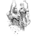 Erstelle mir eine Vorlage für ein Schulter-Brust Tattoo mit den Themen Final Fantasy 7 (Busterschwert, Tifa), Wasser und tattoo design idea