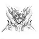 Erstelle mir eine Vorlage für ein Schulter-Brust Tattoo mit den Themen Final Fantasy 7 (Busterschwert, Tifa), Wasser und tattoo design idea