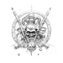 Erstelle mir eine Vorlage für ein Schulter-Brust Tattoo mit den Themen Final Fantasy 7 (Busterschwert, Tifa), Wasser und tattoo design idea