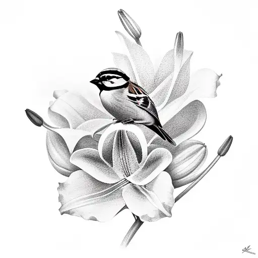 Sparrow holding a lily tattoo design idea
