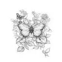 cross with vines and roses woth butterflies around it tattoo design idea
