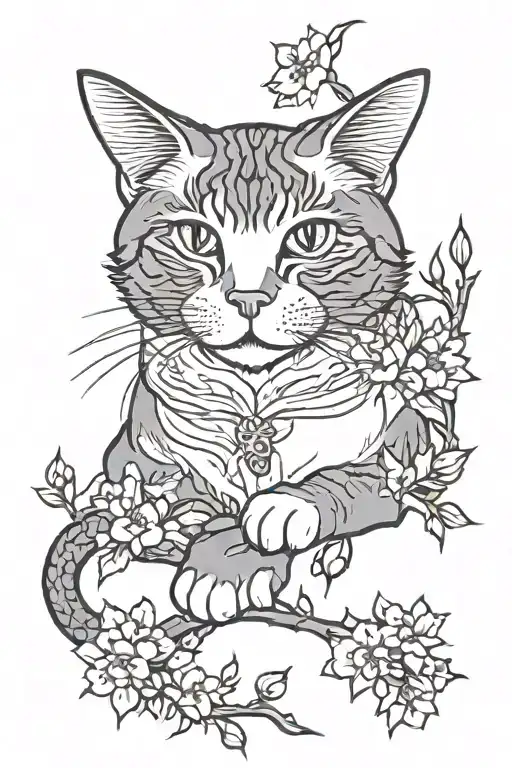 A cat sitting under a sakura tree with a phoenix flying overhead in a traditional Japanese art style tattoo design idea