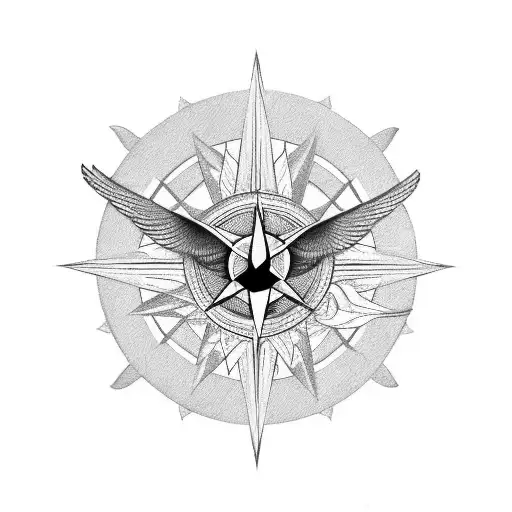 A black-grey design featuring a dove, a compass, symbolizing peace and direction, designed for a mature lady and mother tattoo design idea