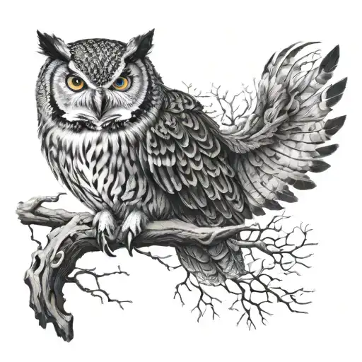 fierce looking owl on a branch with a wolf below ready to pounce  tattoo design idea