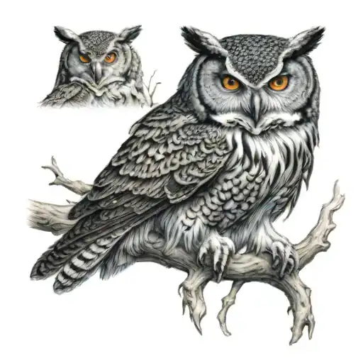 fierce looking owl on a branch with a wolf below ready to pounce  tattoo design idea