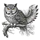 fierce looking owl on a branch with a wolf below ready to pounce  tattoo design idea