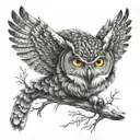 fierce looking owl on a branch with a wolf below ready to pounce  tattoo design idea