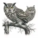 fierce looking owl on a branch with a wolf below ready to pounce  tattoo design idea