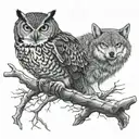 fierce looking owl on a branch with a wolf below ready to pounce  tattoo design idea