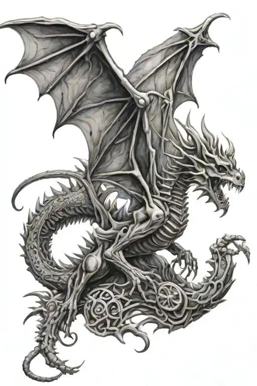 skeleton dragon with wings out tattoo design idea