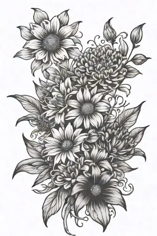 make me a black and white outline of a bouquet of a daisy, carnation, sundlower lily, orchard, and a jasmine with a flow tattoo design idea