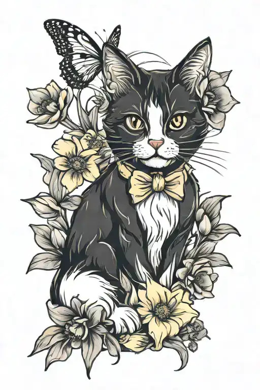 Tuxedo cat with daffodils and poppy flowers   tattoo design idea