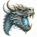 metal dragon head fire breath in viking style with bright blue flame eyes  tattoo design idea