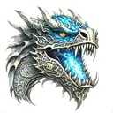metal dragon head fire breath in viking style with bright blue flame eyes  tattoo design idea