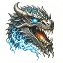 metal dragon head fire breath in viking style with bright blue flame eyes  tattoo design idea