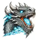 metal dragon head fire breath in viking style with bright blue flame eyes  tattoo design idea