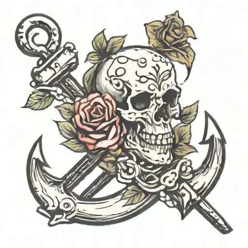 skull roses anchor tattoo design idea