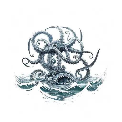 A new-school style tattoo of a kraken emerging from the ocean, with a sailboat caught in its tentacles tattoo design idea