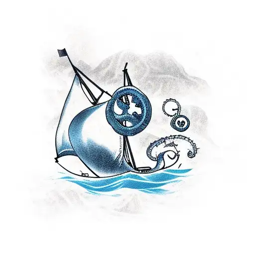 sailboat, kraken, underwater, treasure tattoo design idea