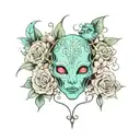 Make a tatto of a retro feminine evil alien head surrounded with flowers, use the black lines, mint blue skin, and pink  tattoo design idea
