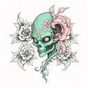 Make a tatto of a retro feminine evil alien head surrounded with flowers, use the black lines, mint blue skin, and pink  tattoo design idea
