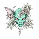 Make a tatto of a retro feminine evil alien head surrounded with flowers, use the black lines, mint blue skin, and pink  tattoo design idea