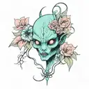 Make a tatto of a retro feminine evil alien head surrounded with flowers, use the black lines, mint blue skin, and pink  tattoo design idea