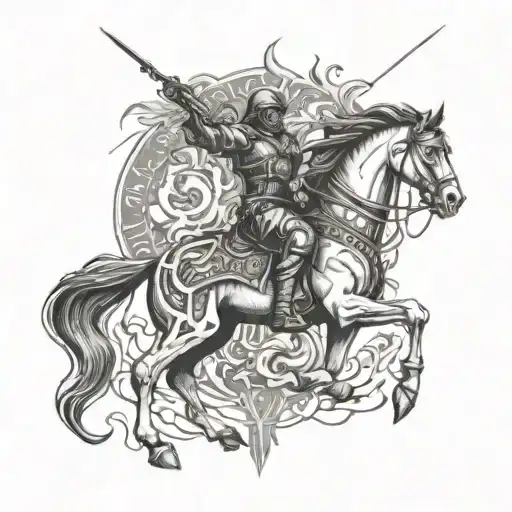 A military-themed tattoo incorporating elements of famine and the four horsemen of the apocalypse, with a black horse as a central motif, in a black-grey style tattoo design idea