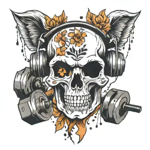 A skull wearing headphones and lifting dumbbells with foxes cheering in the background  tattoo design idea