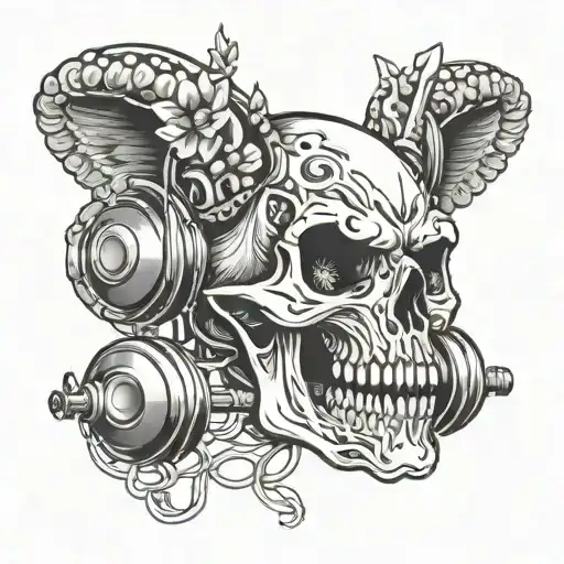A skull wearing headphones and lifting dumbbells with foxes cheering in the background  tattoo design idea