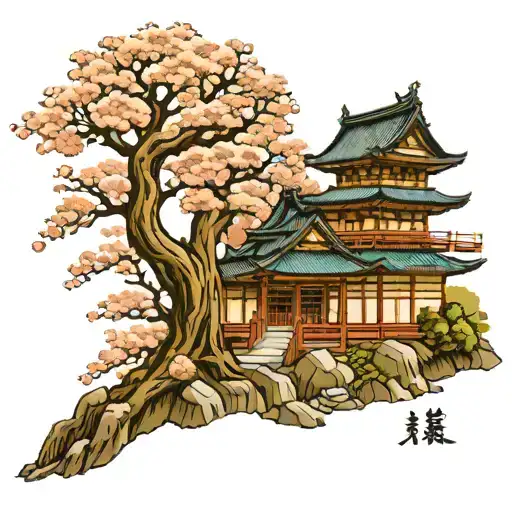 japanese cherry blossom temple  tattoo design idea