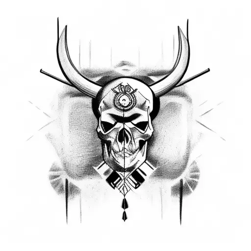 Generate a unique and visually striking tattoo design that combines three elements: a cross, a bull, and a skull. tattoo design idea
