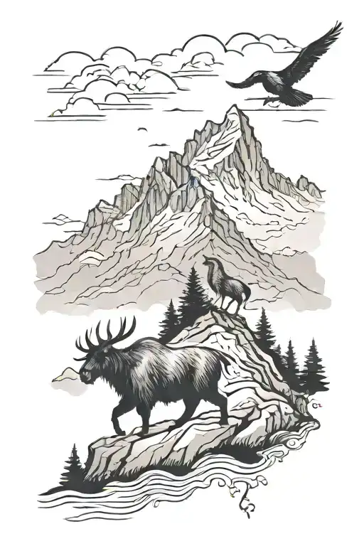 foggy mountains with mountain goat, flying crows, and a grizzly bear  tattoo design idea