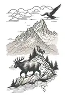 foggy mountains with mountain goat, flying crows, and a grizzly bear  tattoo design idea