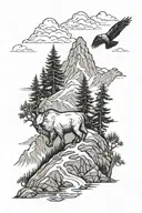foggy mountains with mountain goat, flying crows, and a grizzly bear  tattoo design idea
